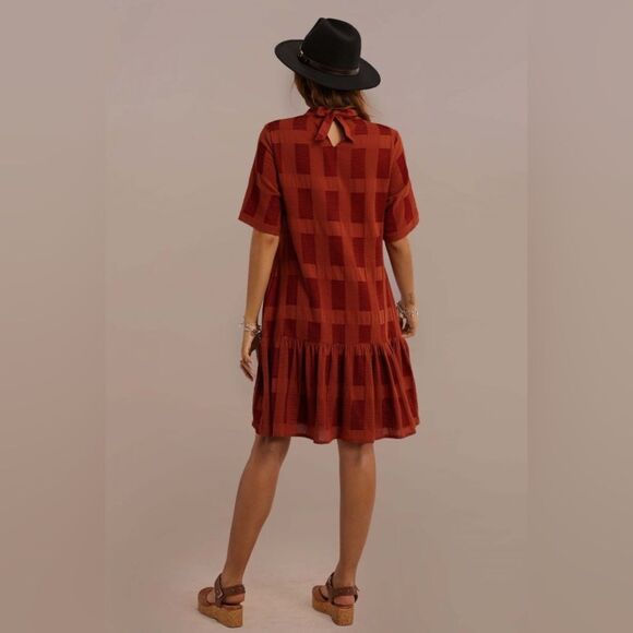 Pando grove Rust Half Sleeve Round Neck Natural
Cotton Plaid Mini Dress Sz S - Picture 8 of 14